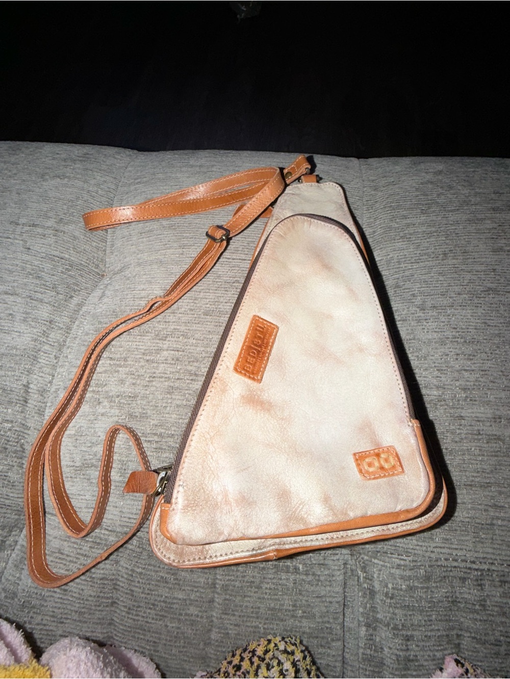 Bed Stu Triangular Crossbody Sling Bag in Light Tan with Caramel Trim